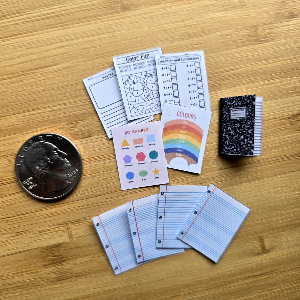 Mini 10 piece set Elementary School Papers & Notebook 1/12 scale dollhouse