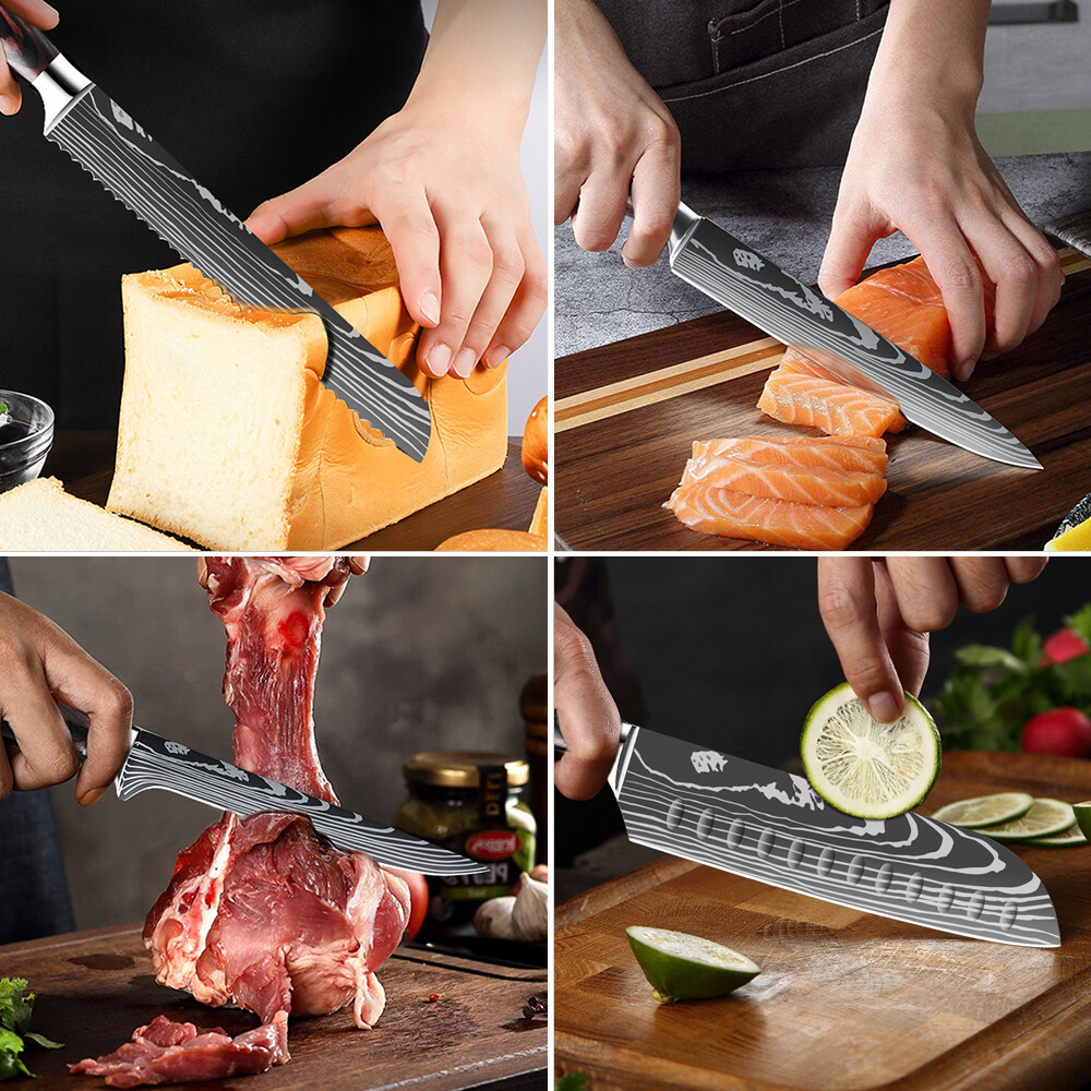 Kitchen Knife Set Japanese Damascus Pattern Chef Knives Stainless Steel Cleaver