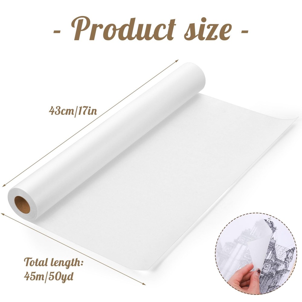 Tracing Paper Roll 17 Inch x 50 Yard White Translucent Pattern Sewing Drawing