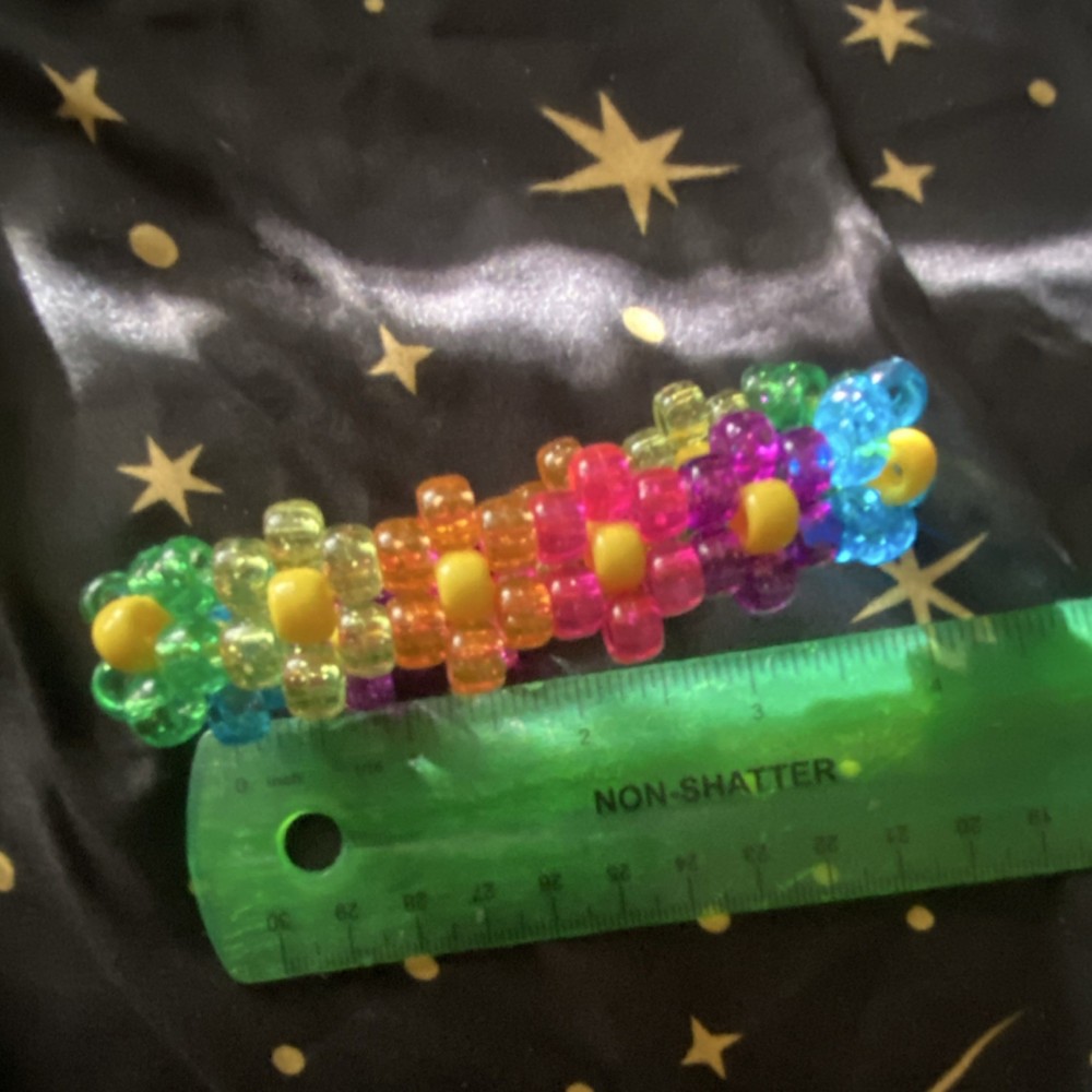 Handmade Rainbow sparkly flower Kandi cuff!