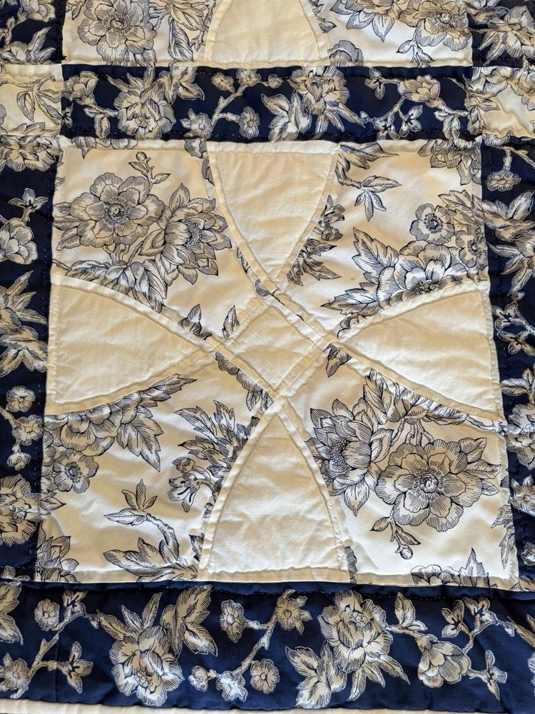 Very Nice Navy& White Hand stitched Quilt