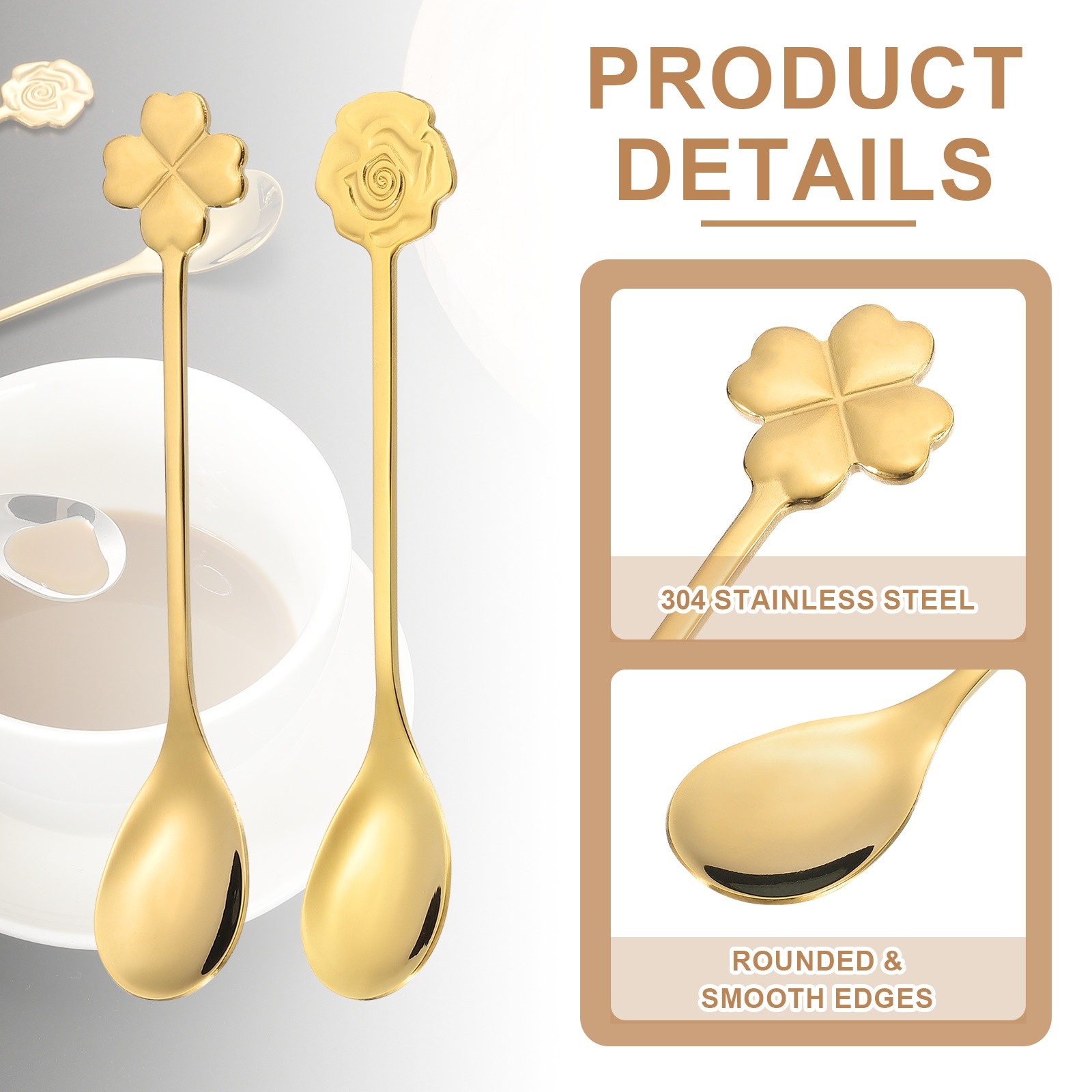 4pcs Coffee Spoons, Rose/Four Leaf Grass Tea Spoons Stainless Steel, Gold
