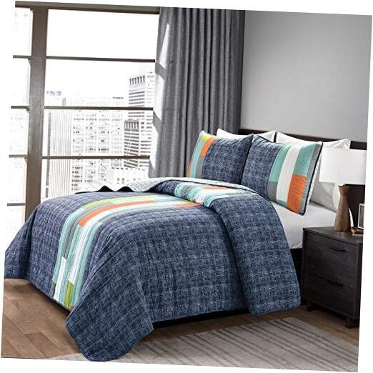 Shelly Stripe Quilt | Modern Geometric Pattern Full/Queen Navy & Orange