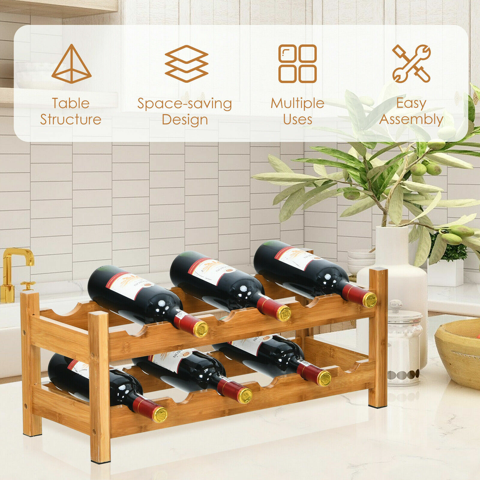 2-Tier Bamboo Wine Rack 12 Bottles Display Storage Shelf Holder Kitchen Natural