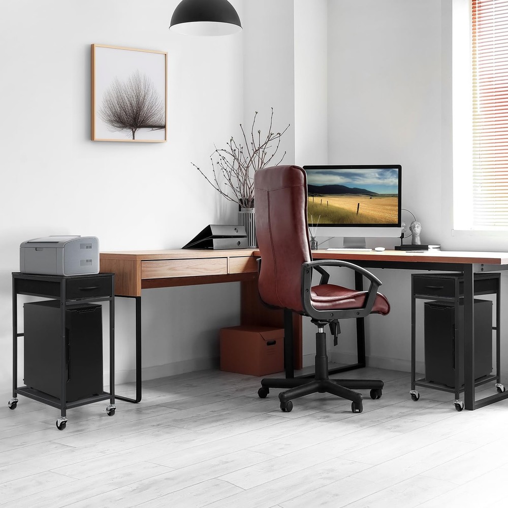 YBING PC Stand 2 Tier Computer Tower with Drawer Mobile Black