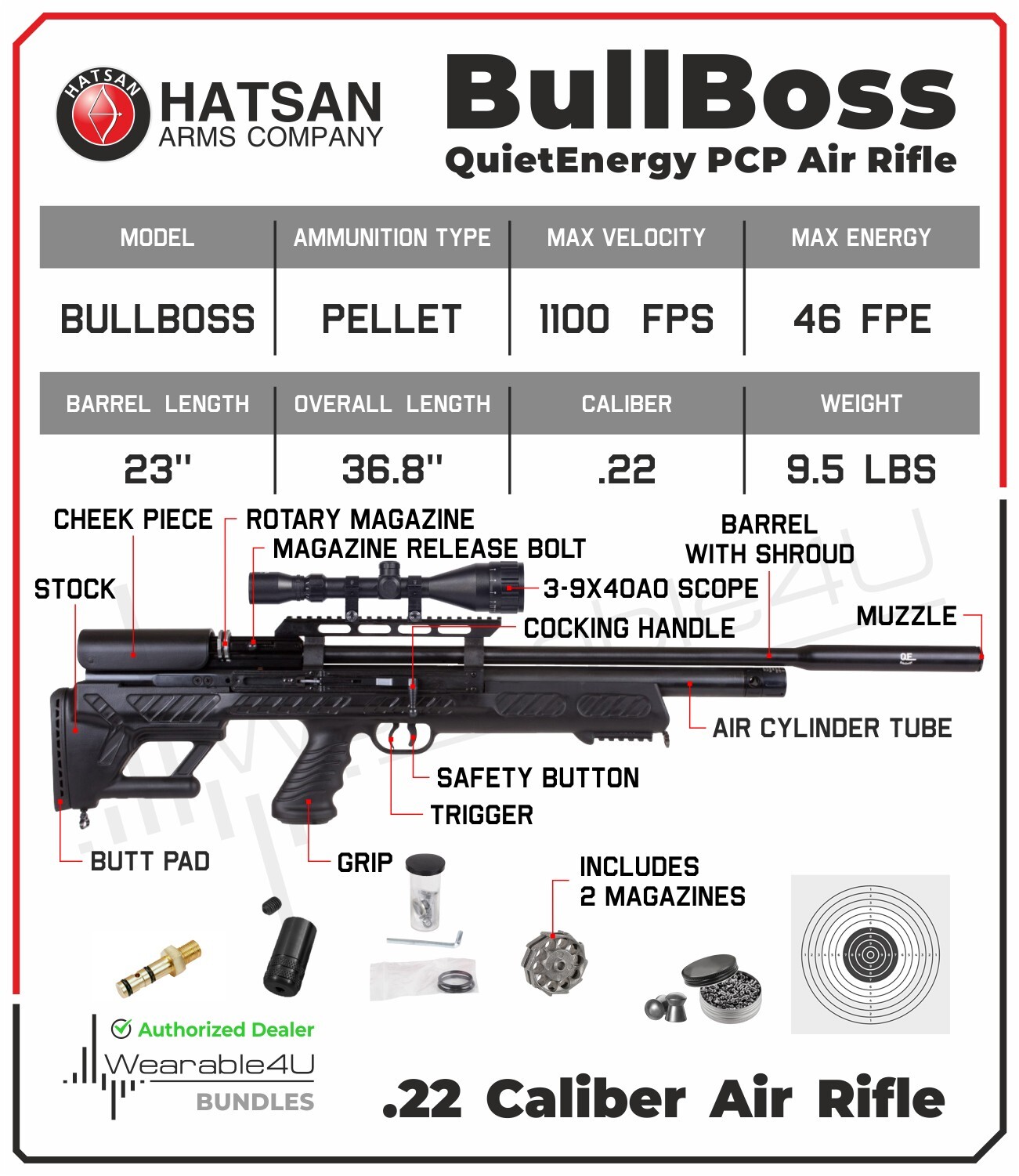 Hatsan BullBoss QE .22 Cal PCP Air Rifle w/ Scope & Targets and Pellets Bundle