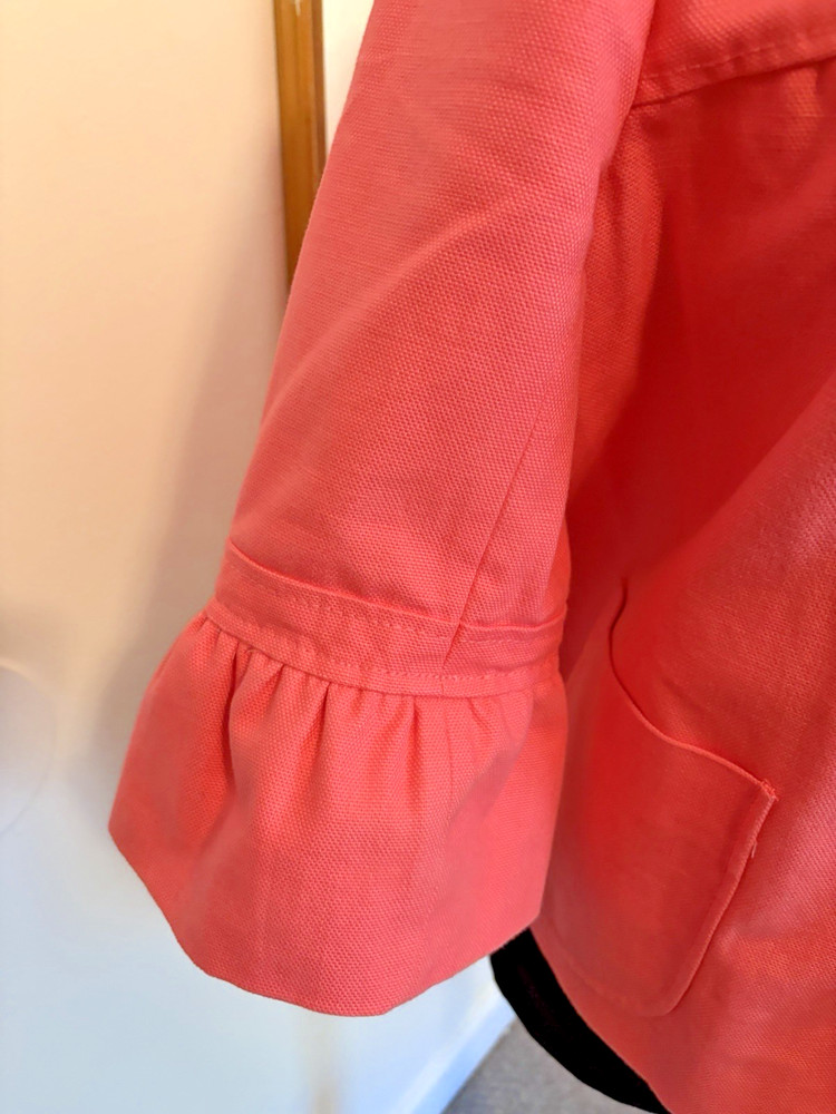 J.Crew Ruffle Jacket Cropped 3/4 Sleeve Button Front Coral Pink Size 6 Statement