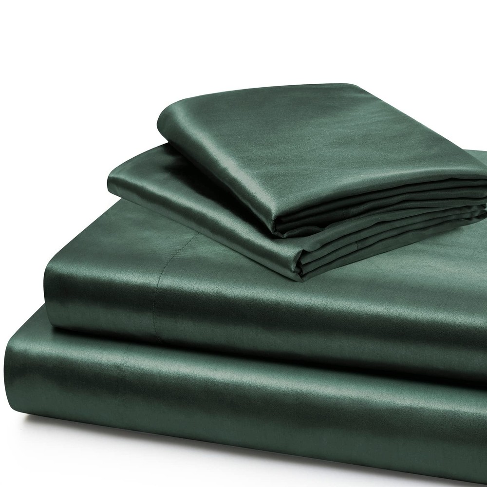 Vonty Queen Satin Sheets - Extra Deep Pocket, 4 PC Set, Forest Green