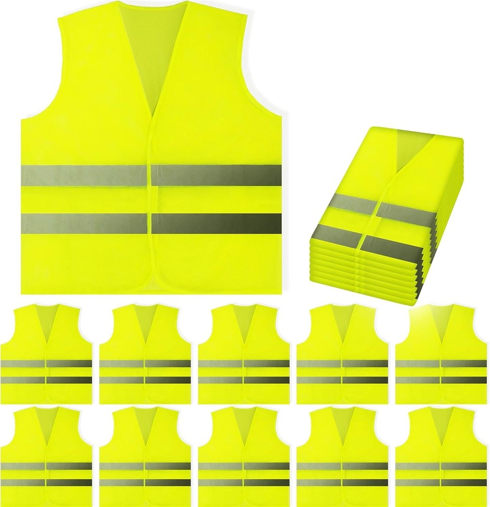 High Visibility Safety Vests - 10 Pack Yellow Reflective