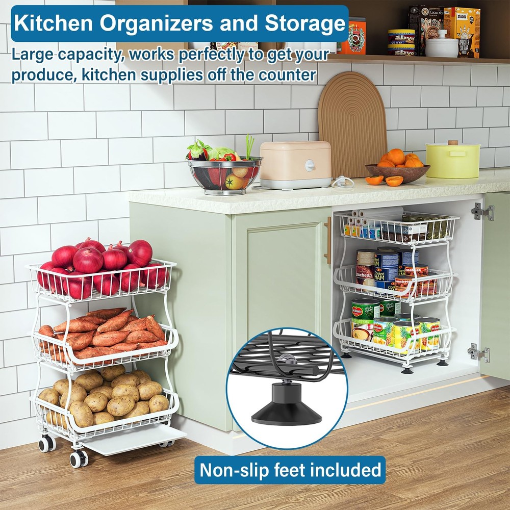 3-Tier Rolling Pantry Floor Organizer and Storage Cart with Wheels, Stackable...
