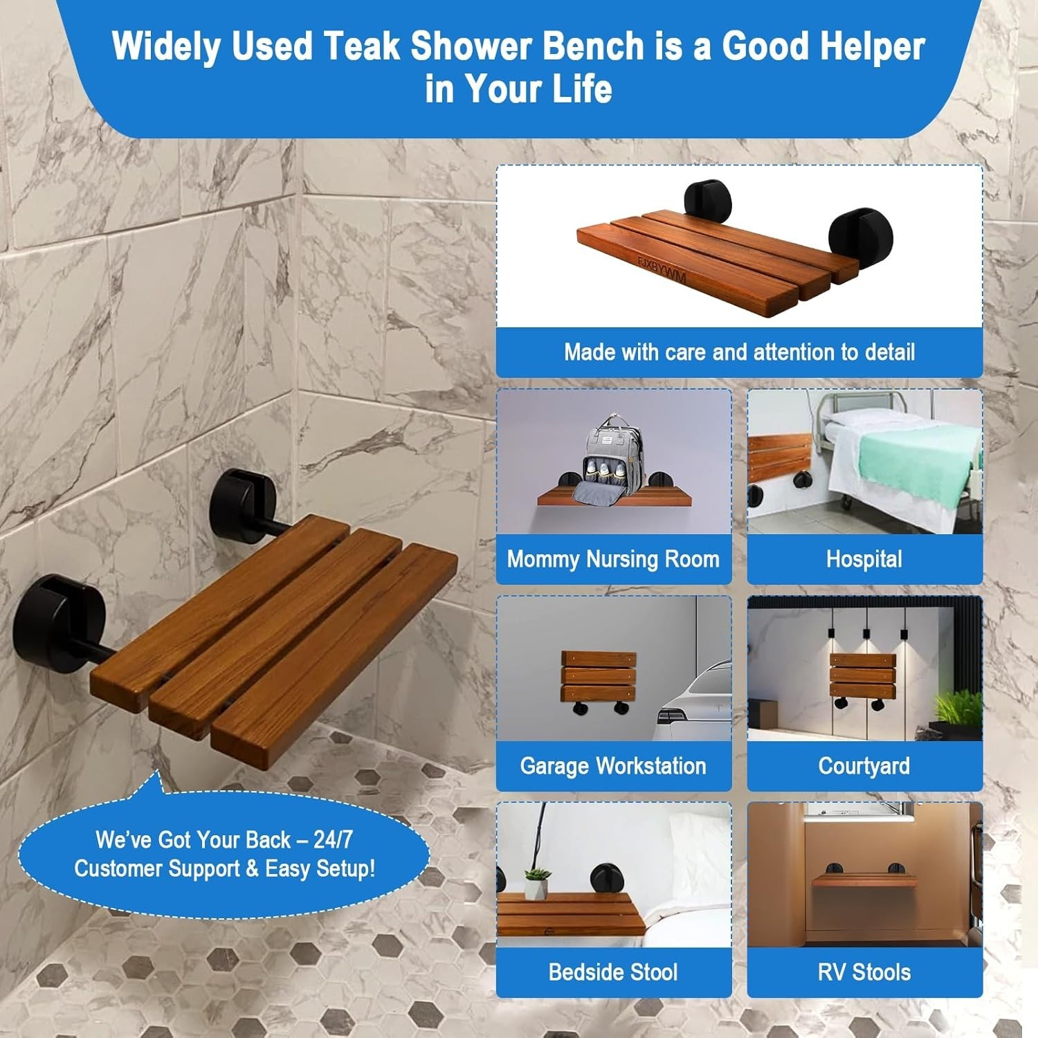 20-inch Teak Shower Bench Wall Mounted Fold-Down Shower Seat