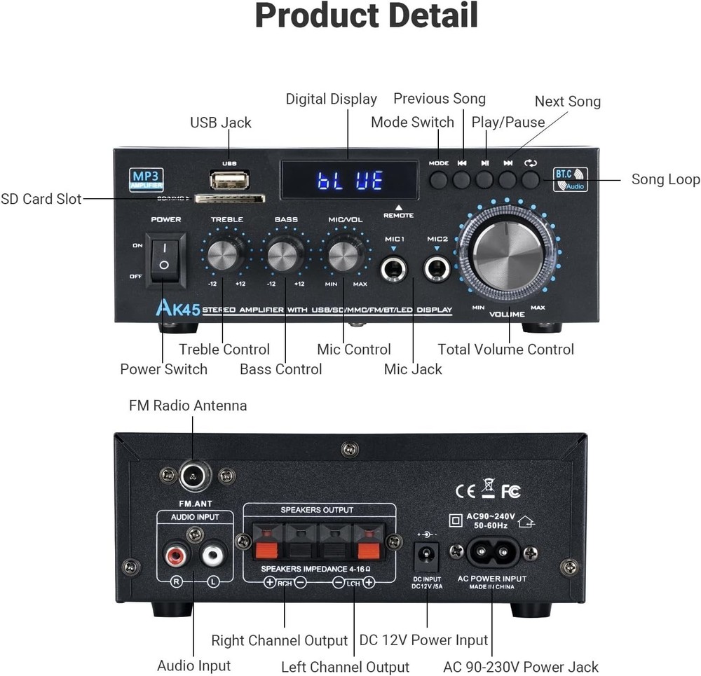 Stereo Receiver AK45: Bluetooth 5.0 300Wx2 Max Power Home Audio Amplifier