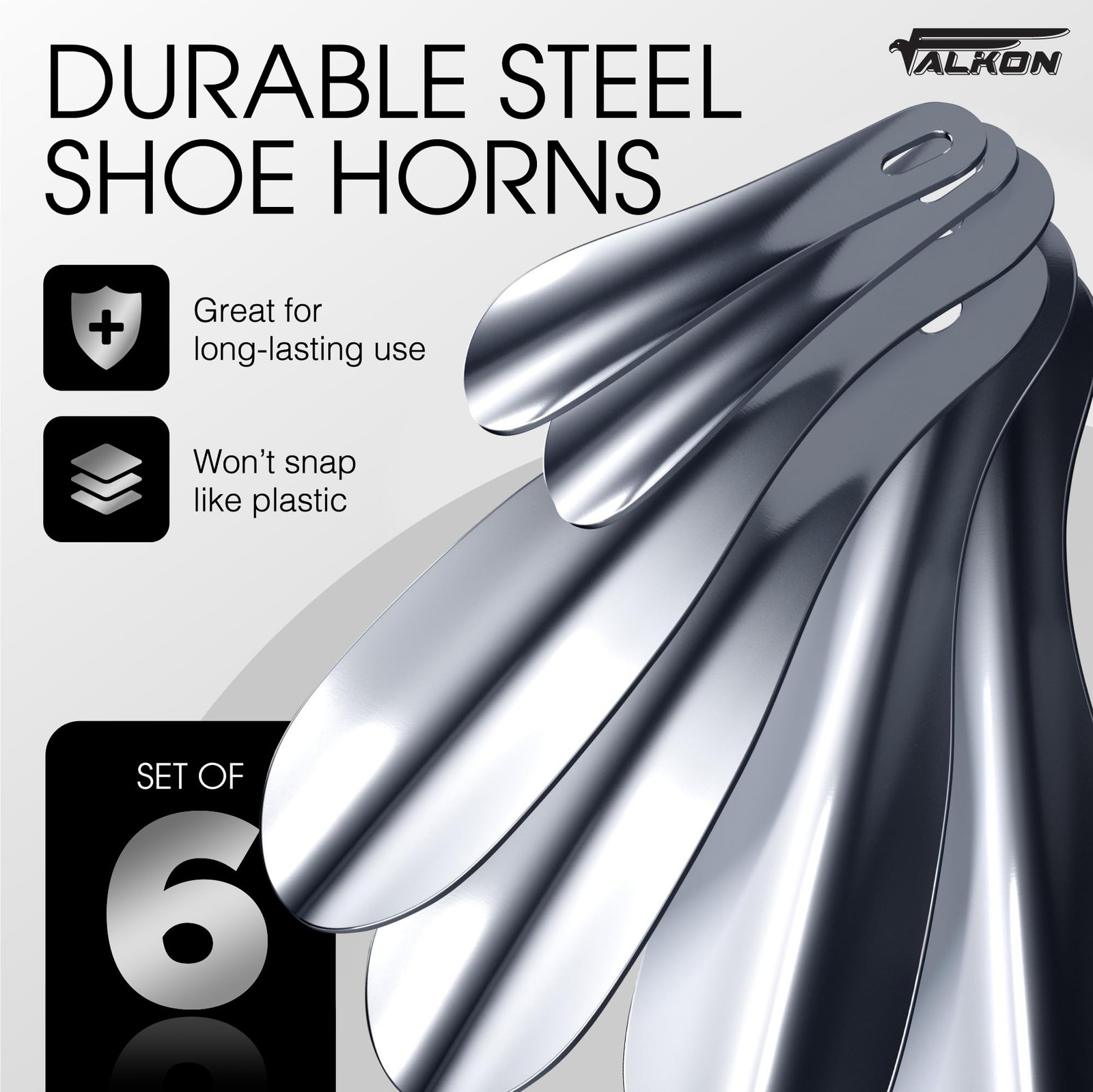 FALKON Set of 6 Metal 7.5” Shoe Horns – for 7.5" and 4", Silver