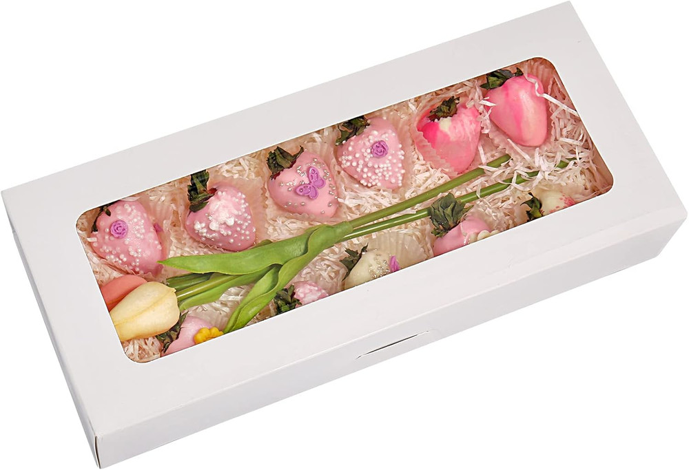 24-Pack 14" X 6" X 2.5" Cookie Boxes, Bakery Boxes with Window, Strawberry Boxes