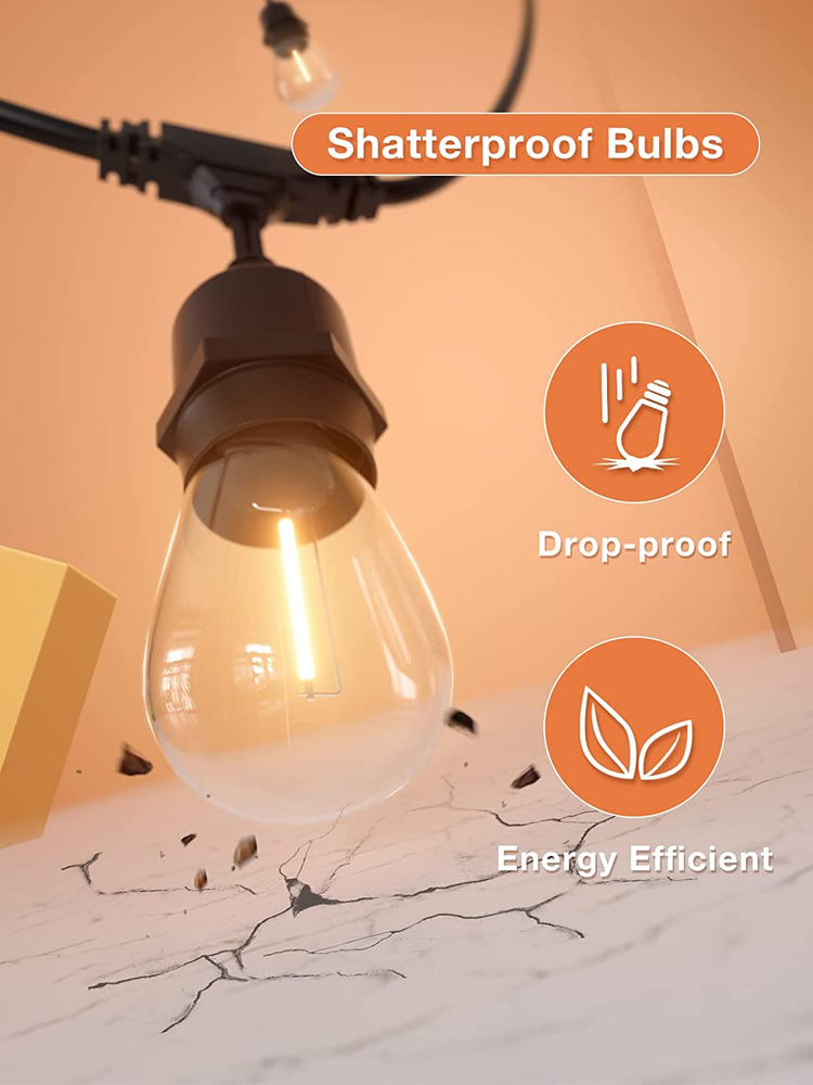 48FT LED Outdoor String Light with Dimmable Shatterproof Bulb for Home Decor