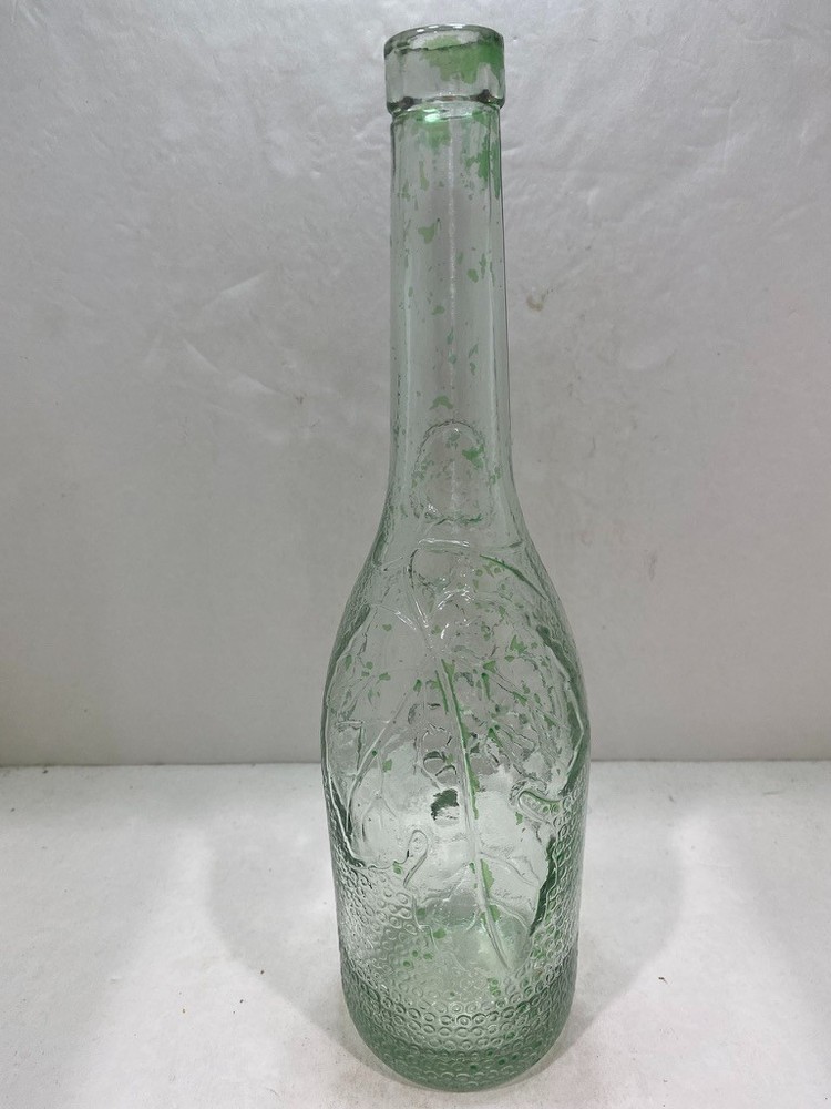 Clear Glass Embossed Grape Clusters & Leaves Empty Wine Bottle