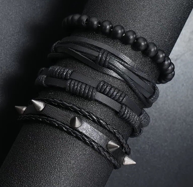 4 PC Leather Punk Bracelet Stackable Adjustable Tie New Free Ship B2861