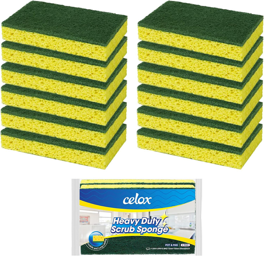 12 Pack Dish Sponge for Kitchen, Dual Sided Scrub Heavy Duty, Non Scratch Spo...