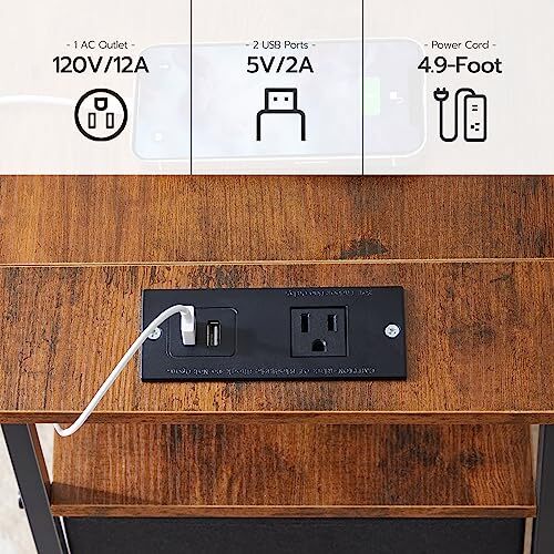 End Table with Charging Station, Narrow Side Table, Nightstand with 2 Non