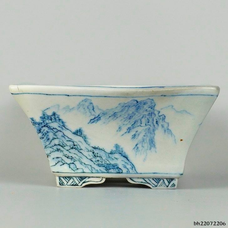 Used Bonsai Pot Hikosanjin Small Rectangular 11cm Blue & White Landscape