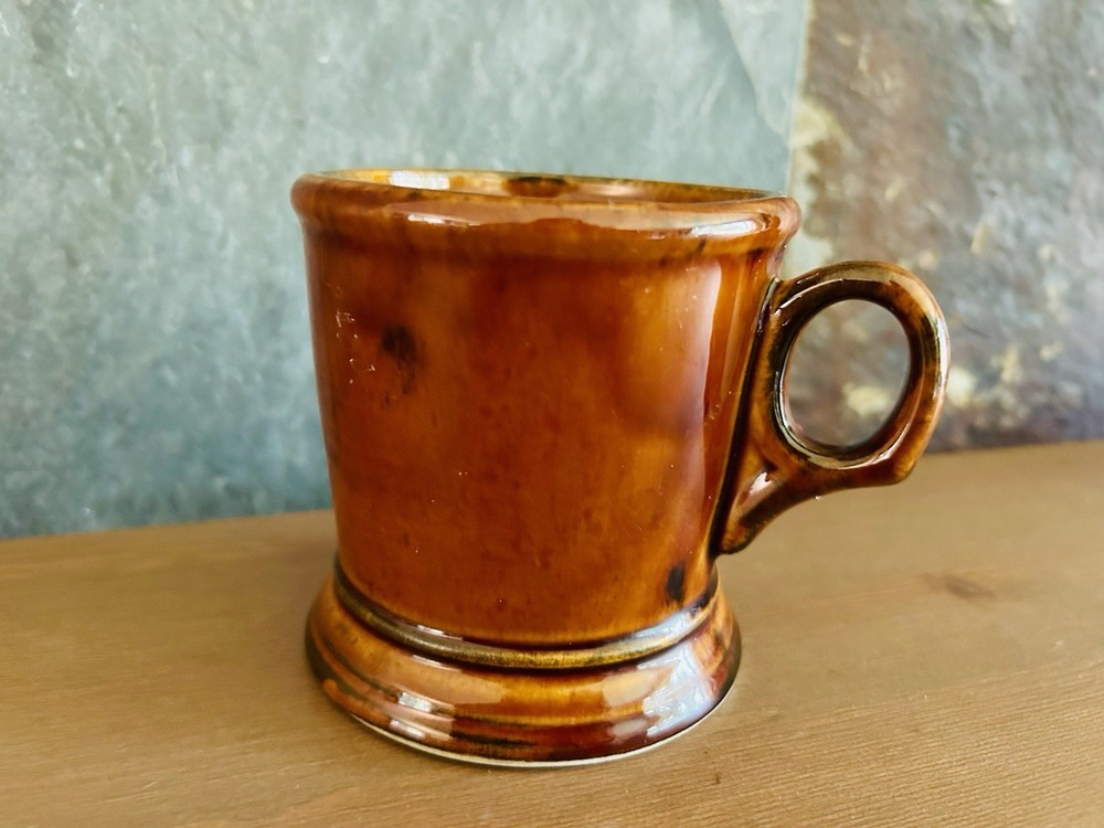 Vintage Ceramic Shaving Mug Ring Handle Brown Drip Glaze Flared Base 3.75"