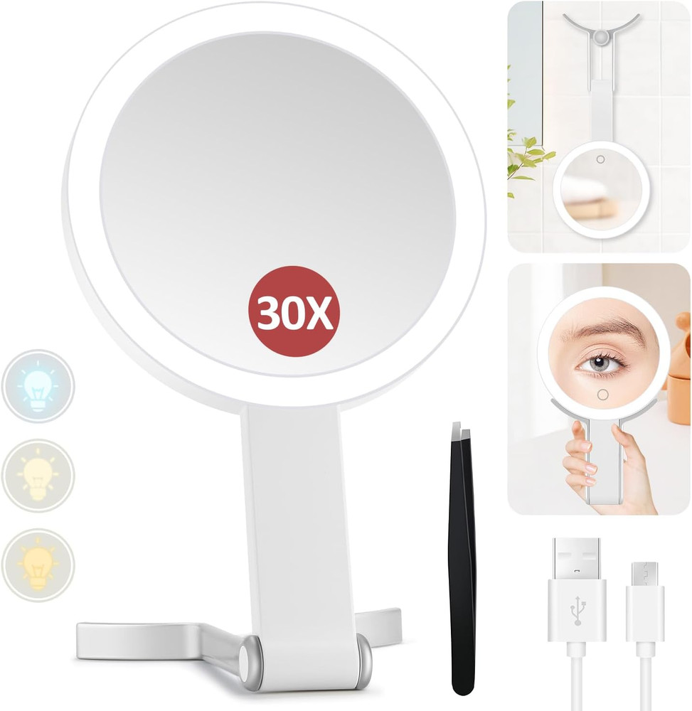 Lighted Makeup Mirror, 30X Magnifying Mirror with Light and Adjustable Brightnes