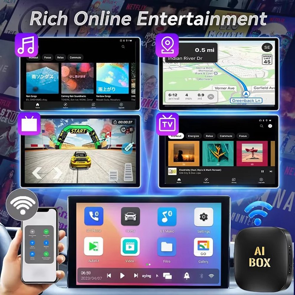 Wireless CarPlay AI Box Android Auto Adapter WIFI Converter with Netflix YouTube