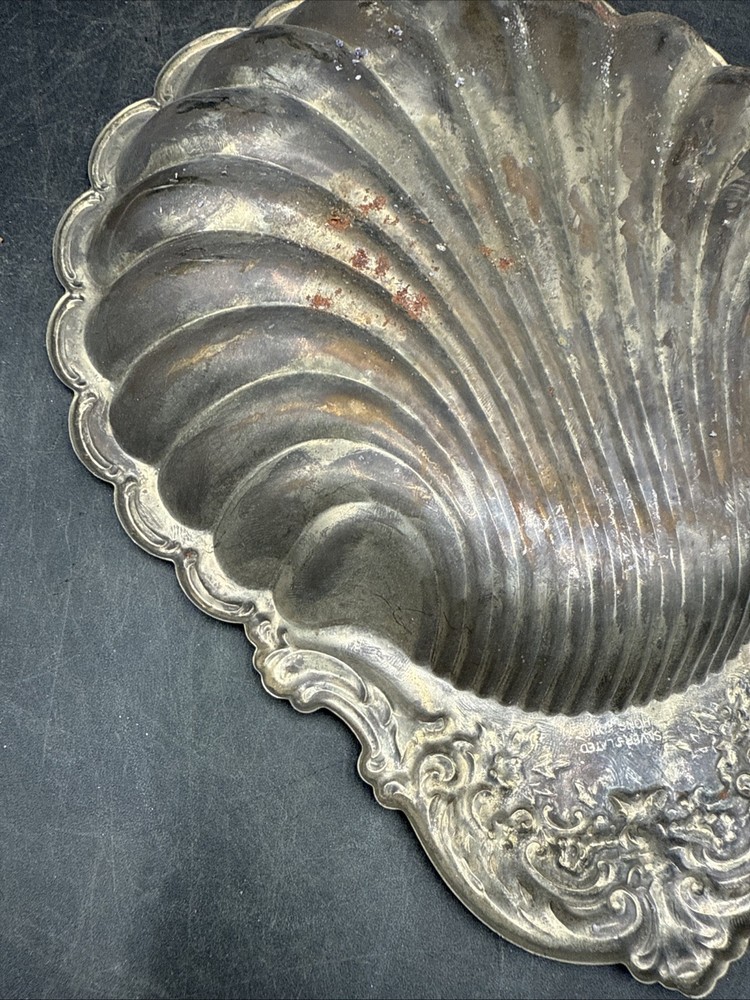 Vintage Silverplate Seashell Dish from Hong Kong ~ 11”x 9”