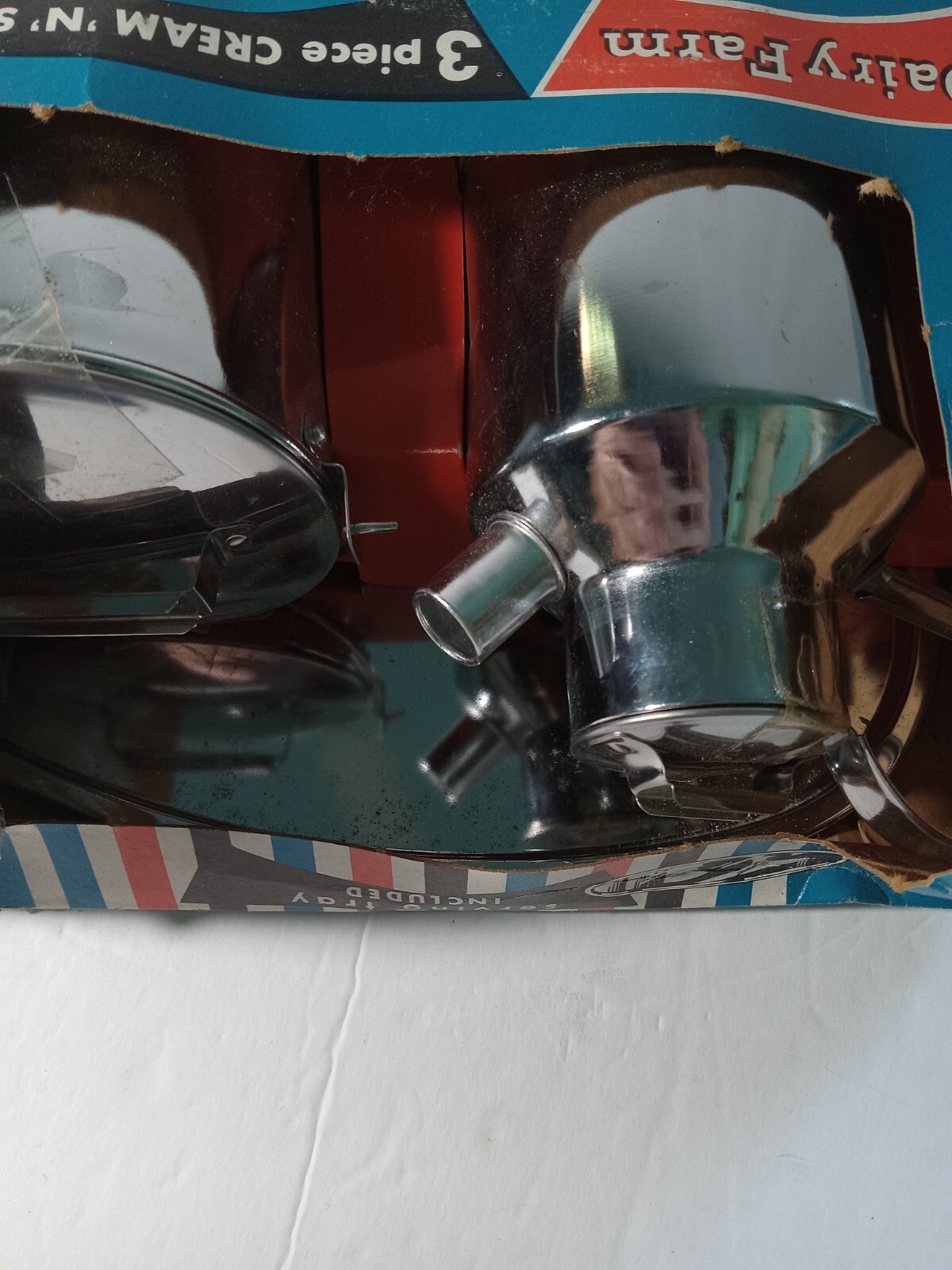 Vtg, Dairy Farmhouse Cream Sugar Set NOS Original Packaging Plated Chromed Steel