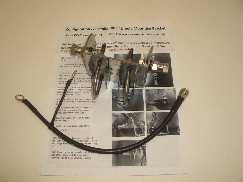 PROCOMM DP4MFPL DIPOLE HF HAMSTICK ANTENNA MOUNT BRACKET 3/8-24 w/ CABLE&SO-239