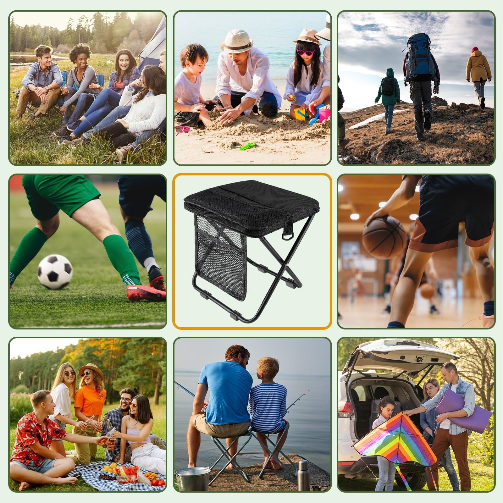 Portable folding stool with dual storage pockets and side pockets Compact adu...