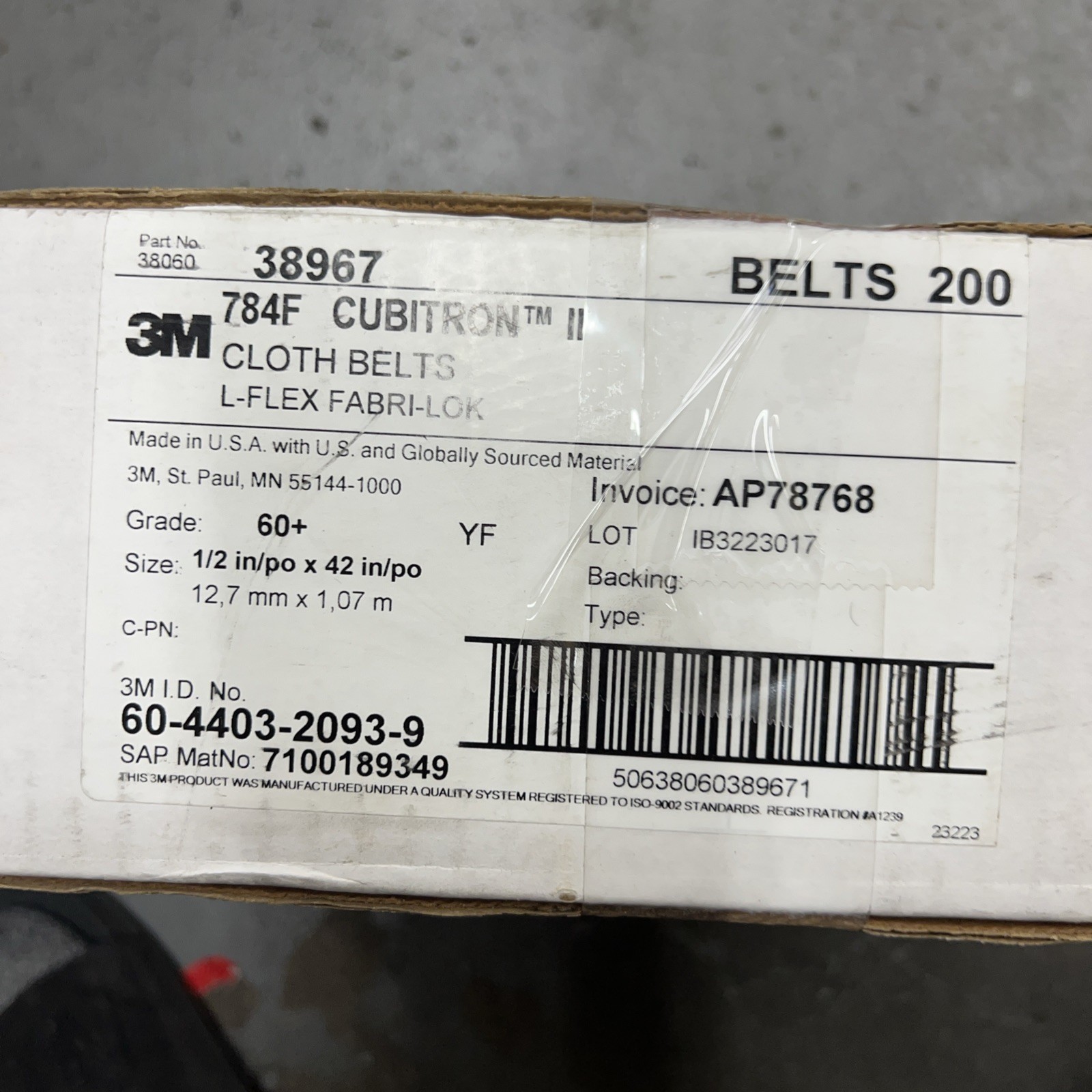 3M Cubitron ll Cloth Belt 784F, 1/2 in x 42 in, 60+ YF-weight, L-Flex, 200 Case