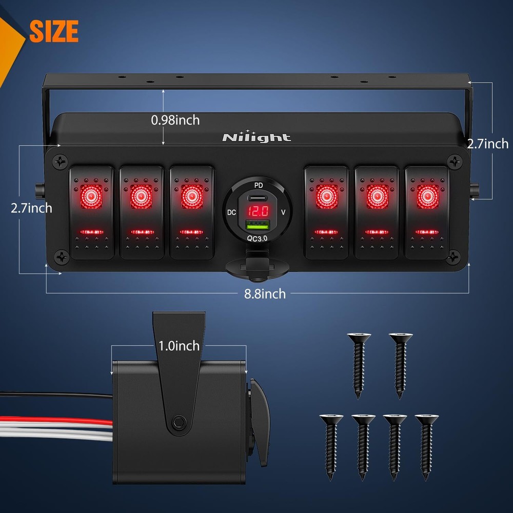 Nilight 6 Gang Rocker Switch Box 12V SPST ON Off Toggle Switch PD Type C