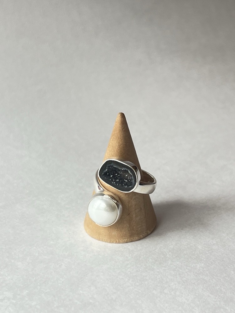 Pearl & Geode Adjustable Ring 925 Sterling Silver Size 7