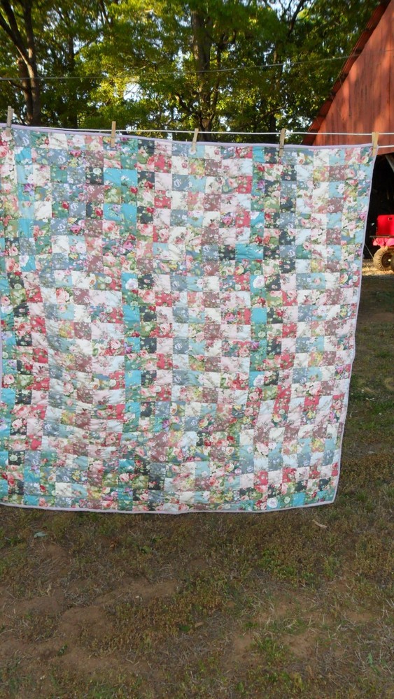 Hand Quilted Patchwork Lap Quilt Multicolored Pink & Red Roses