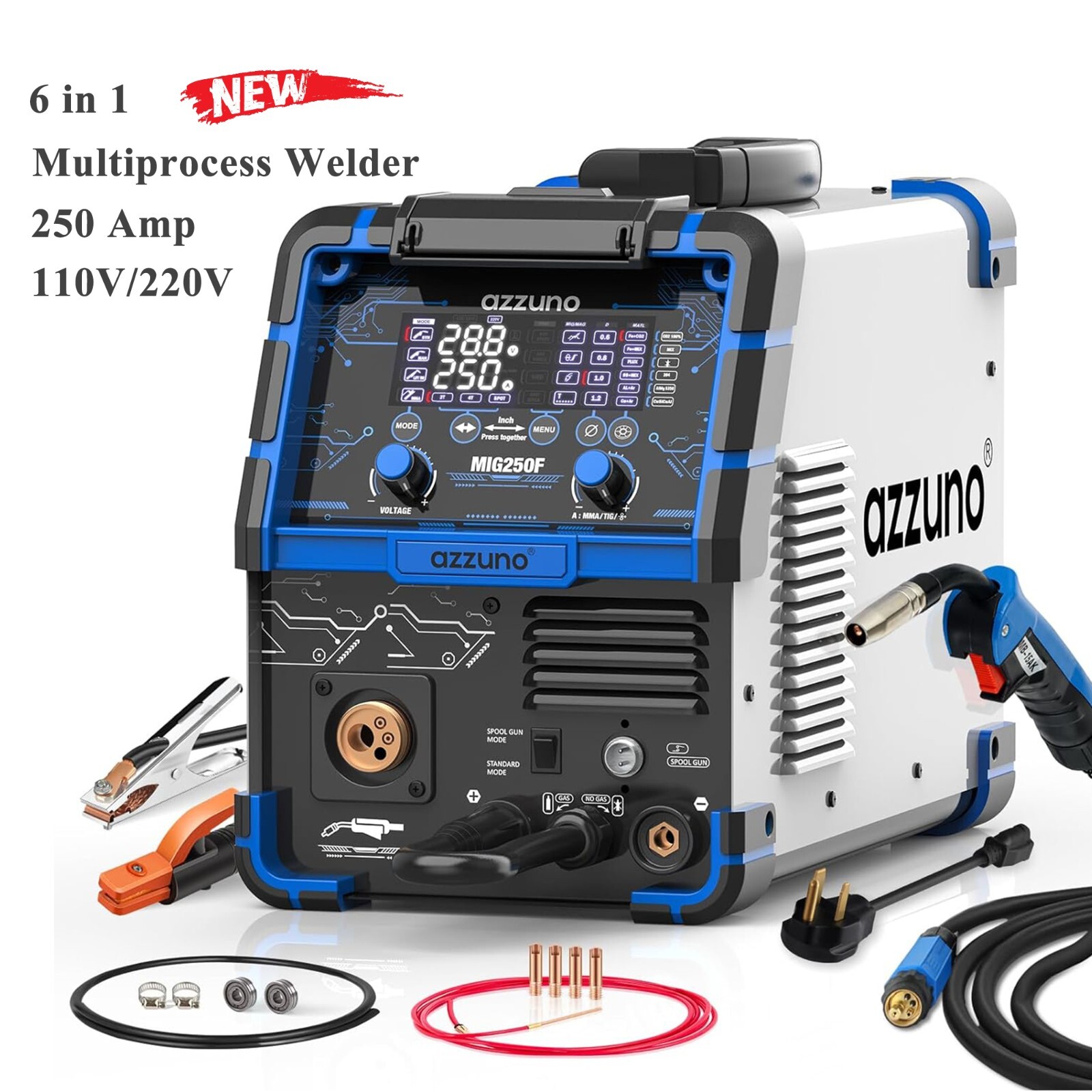 AZZUNO 6 in 1 Aluminum MIG Welder 250A 110V/220V LED Display MultiProcess Welder