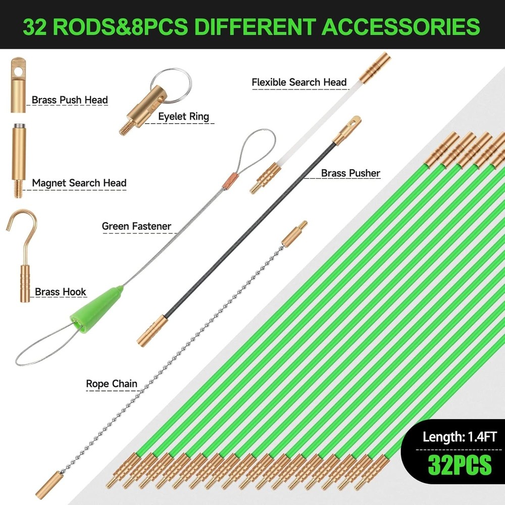 Electrical Wire Cable Fish Rods Kit with 8 Attachments