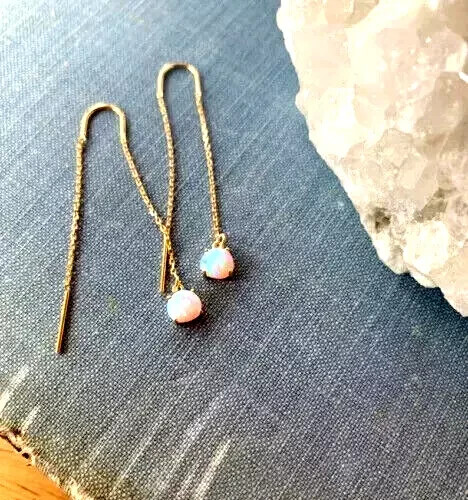 2 Ct Round Lab-Created Fire Opal Drop Thread Earrings 14k Gold Plated Solid 925