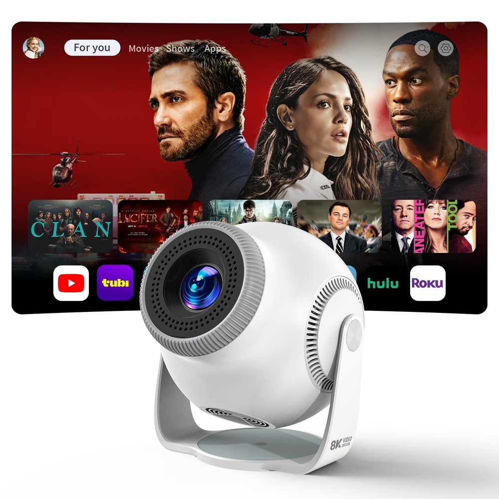 Smart Mini Projector with Android 14 OS, 1080P/4K/8K Video Decoding, White