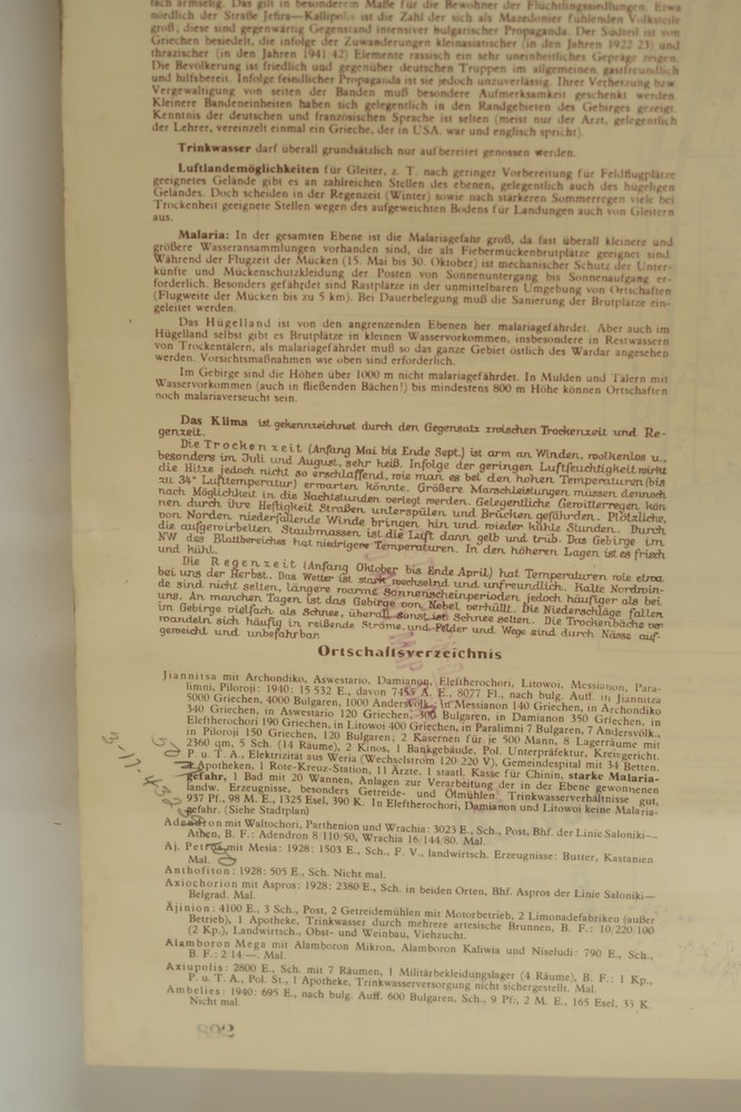 German Greece Secret Military Map 1943 WWII ERA Geographical Army Double Sided