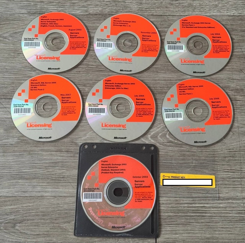 Lot of 16 Microsoft SQL Server & Exchange 2003/2005 Licensing CDs w/ Key Card