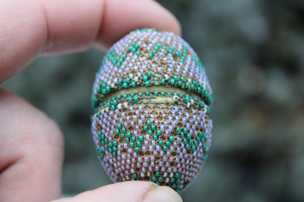 Antique 19th Century English Beaded Easter Egg Thimble Case w/ Sterling Thimble