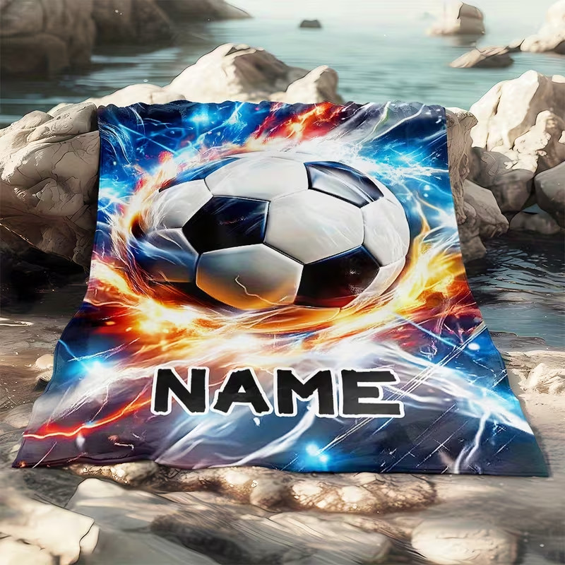 Personalized Soccer Theme Flannel Blanket Custom Name Cozy Sofa Throw