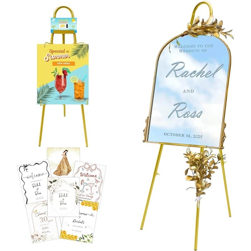 Height Adjustable Gold Easel Stand for Signs, Lockable 4 Hooks, 3 Display Modes