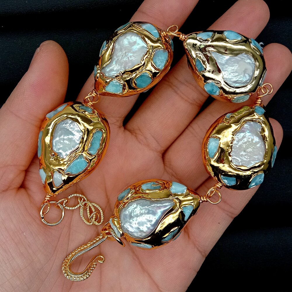 9" Freshwater White Pearl Teardrop Shape Blue larimar Gold Plated Bracelat