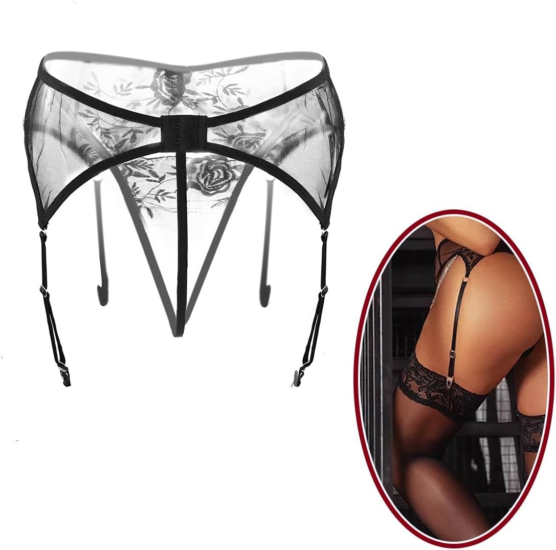 Lace Garter Belt Thong Set for Women Suspender Lingerie with 4 Metal Clips Holde