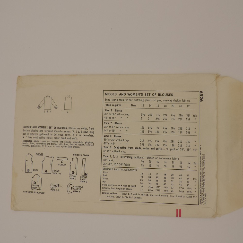 Simplicity 6526 Miss Button Front/Collared Blouse Size 40 B: 42 Complete