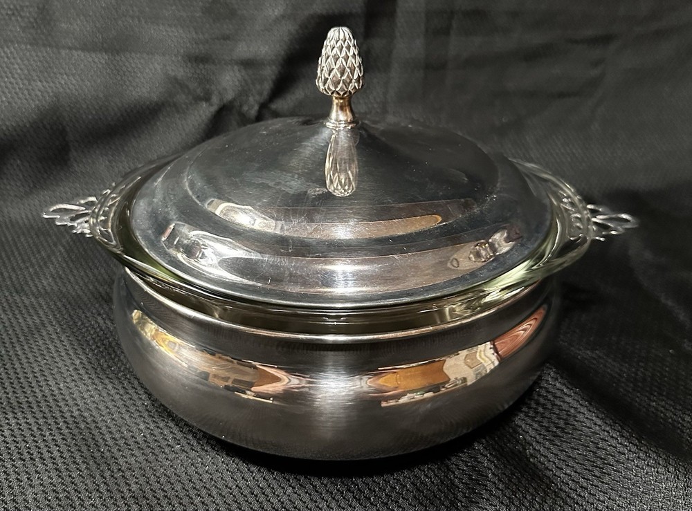 REED & BARTON Silverplate Covered Serving Dish With Pyrex Glass Insert VTG MCM