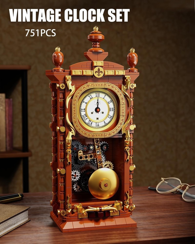 Vintage Pendulum Clock Building Block Set, Stem Toy with Real Clock Function
