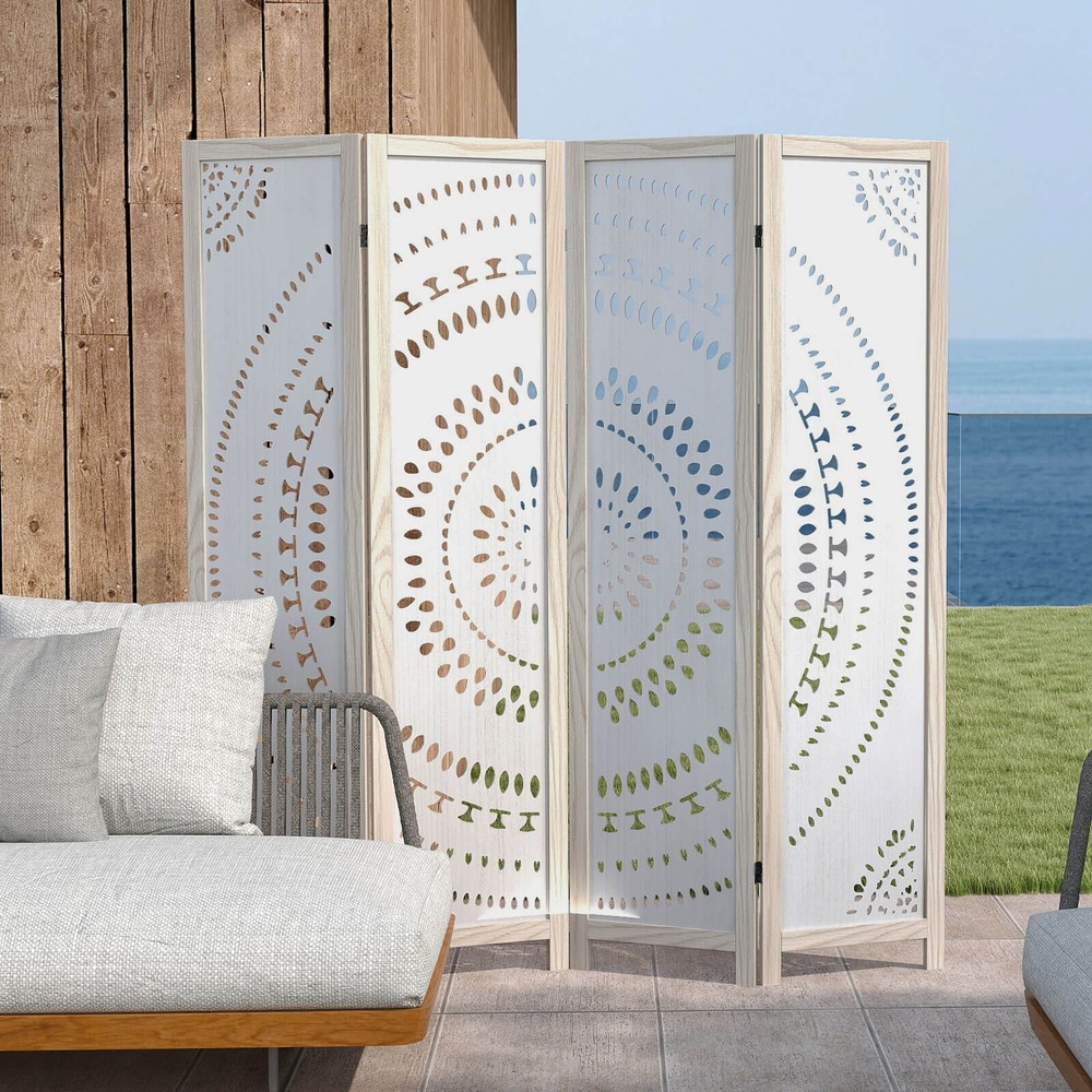 66" Boho 4-Panel Room Divider with Carved Pattern & Solid Wood Frame 360° Hinges